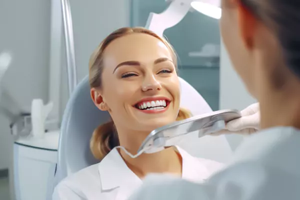 A patient smiling in the treatment chair during a checkup